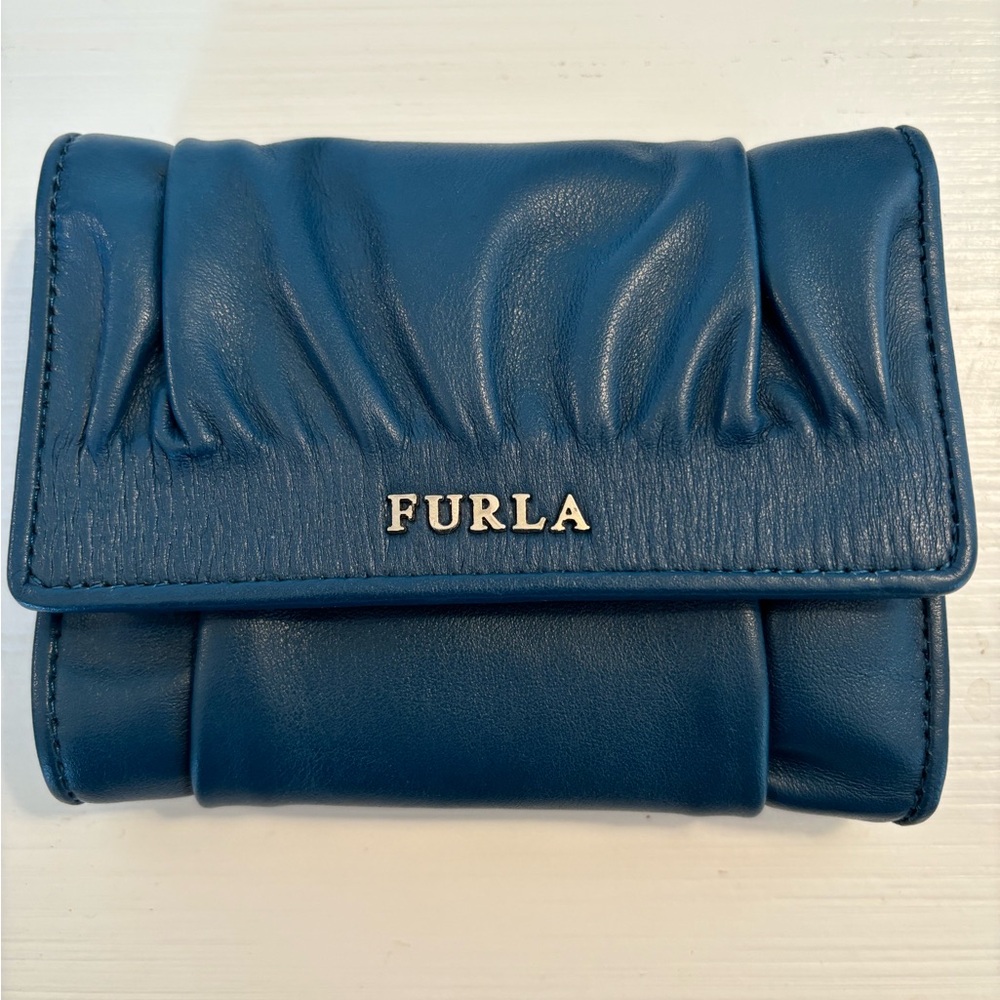 Furla Blue Leather Wallet with Ruched Design
